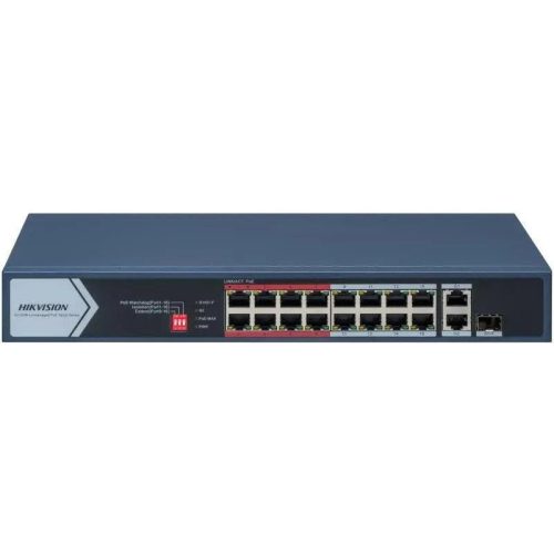 Hikvision 18 portos PoE switch (130 W); 16 PoE + 1 RJ45 uplink port + 1 kombinált uplink; nem menedzselhető
