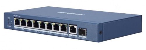 Hikvision 10 portos Gbit PoE switch (58 W); 8 PoE + 1 RJ45 + 1 SFP uplink port; nem menedzselhető