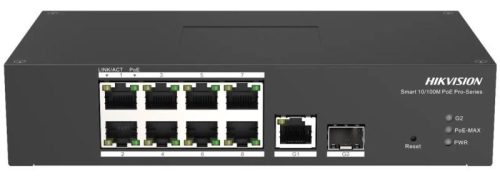 Hikvision 10 portos ipari 10/100 PoE switch (110 W); 8 PoE+ / 1 Gbit RJ45 + 1 SFP uplink port; menedzselhető