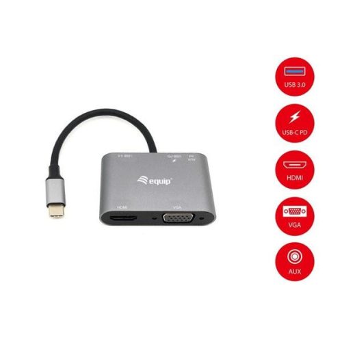 Equip Notebook Dokkoló - 133483 (Bemenet: USB-C, Kimenet: USB-C PD:100W/HDMI/VGA/USB3.0/AUX)