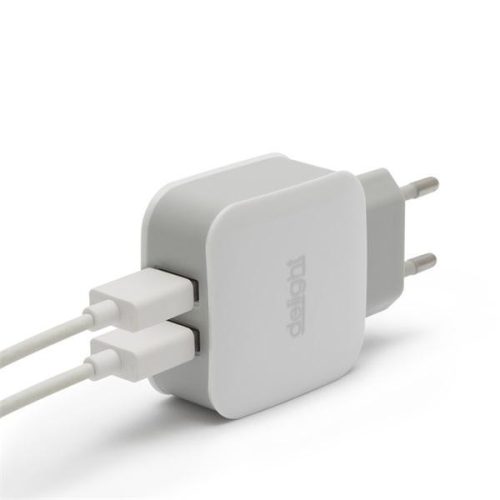 Delight Telefon töltő - 2db USB, 5V/2.1A, Fehér