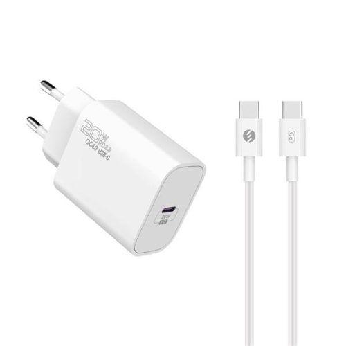 S-Link Hálózati töltő - SL-EC62TP (20W, QC4.0 Gyorstöltés,Type-C to Type-C, 100cm adat+töltőkábel, fehér)